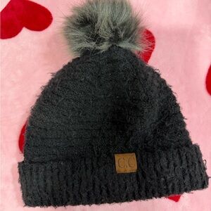 C.C Black Knit Beanie with Gray Pom
